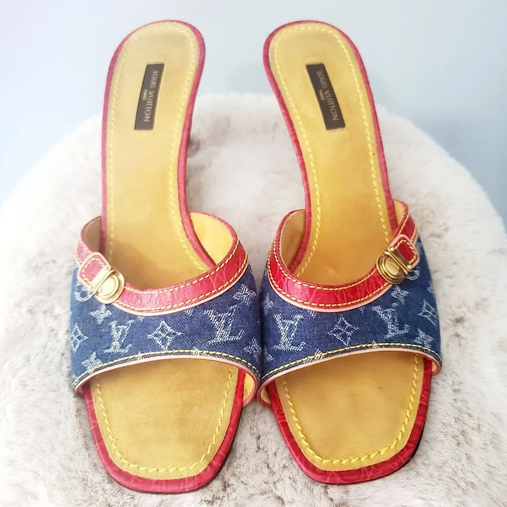 Louis Vuitton Monogram Denim Slide Sandals Red Leather Y2K LV Mule Luxury Size 9 - Picture 3 of 16